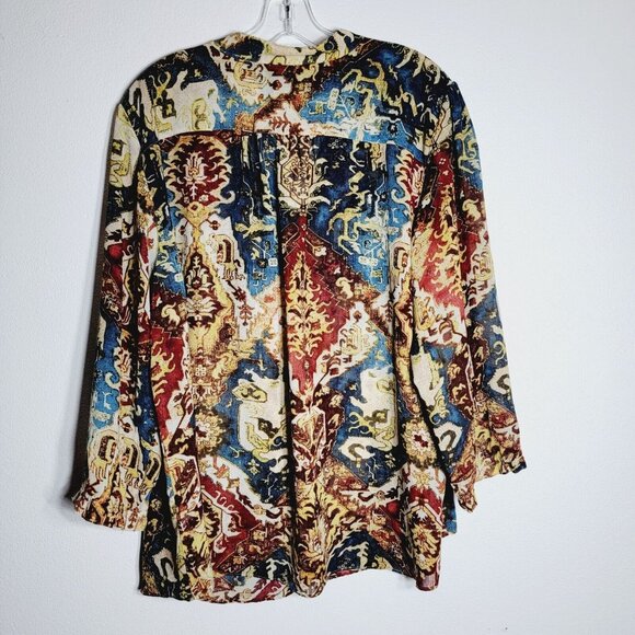 Chaps Womens Top Plus Size 3X Long Sleeve Pullover Sheer V-Neck Colorful Blouse - Picture 2 of 3